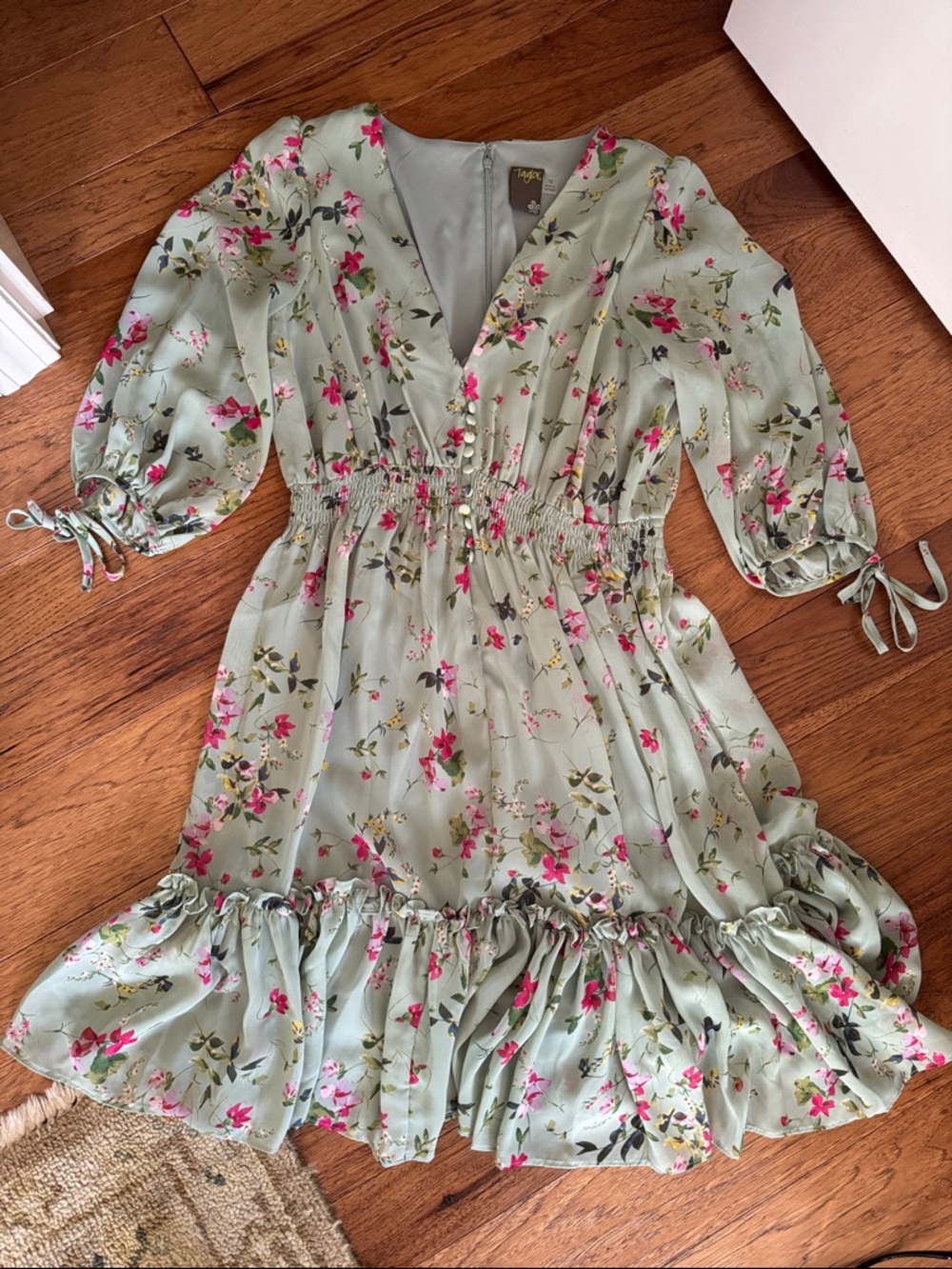Taylor Floral Green Tie-Sleeve Smocked Dress 12